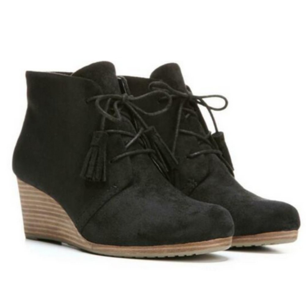 DR. SCHOLL'S Black Suede Wedge Lace Up Booties
